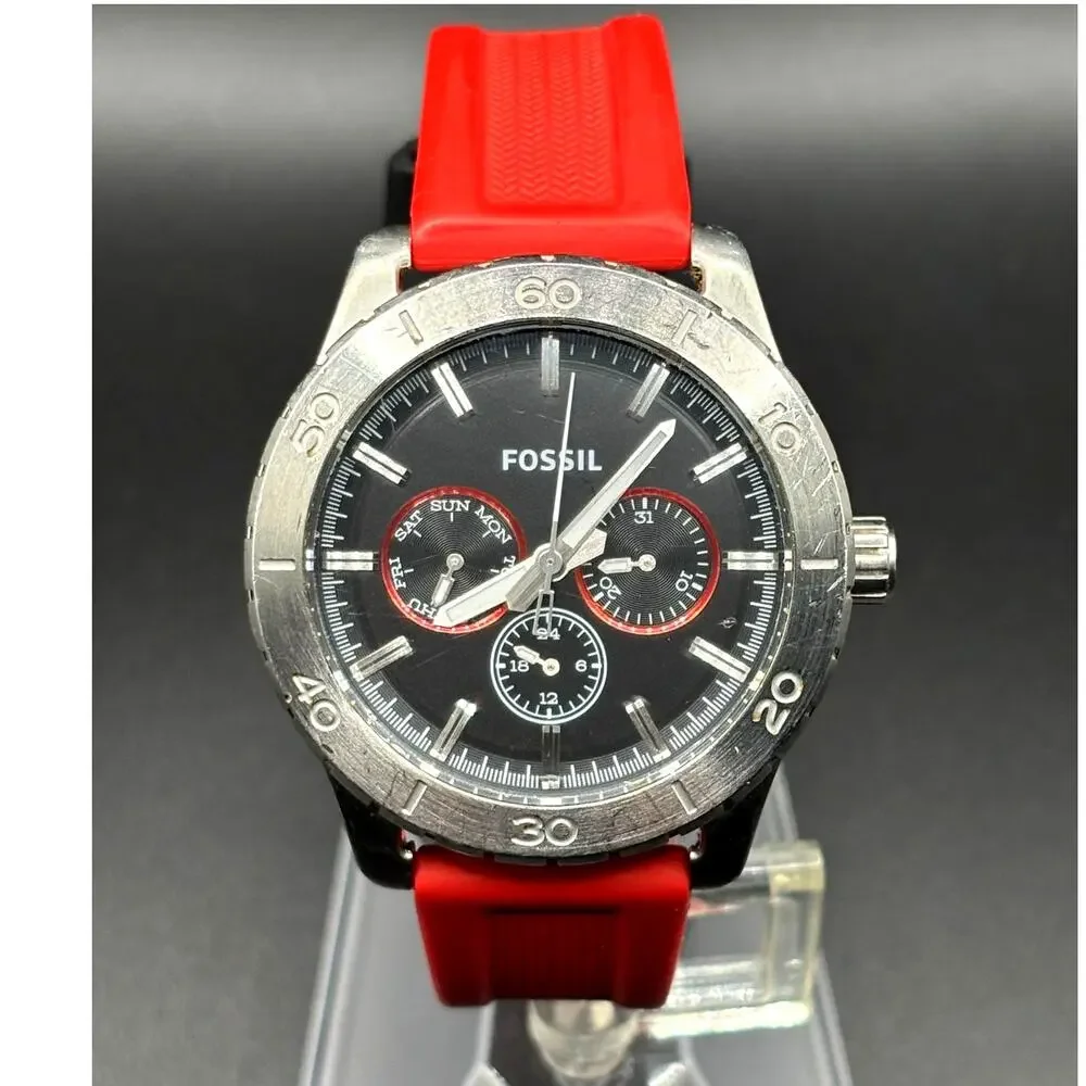 Fossil Kipton BQ1061 Black Dial Red Silicone Strap Multifunction Watch 42mm